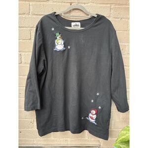 Vintage Black Snowman Christmas Top Holiday Embroidered Shirt Blouse Snowflakes